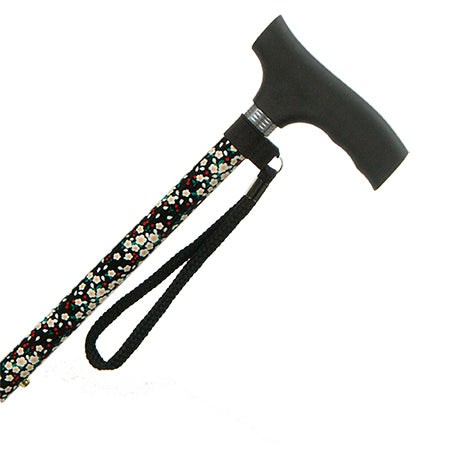 Straight Adjustable Cane With Silicon Handle- Black Floral