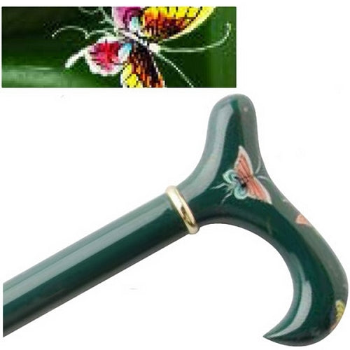 Hand Painted Derby Cane - Green Butterflies